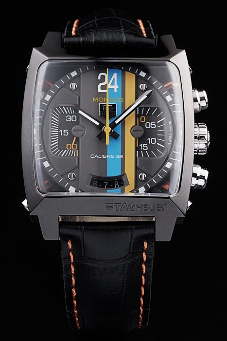 Tag Heuer Swiss Monaco Black Leather Strap Blue-Yellow Striped Black Dial