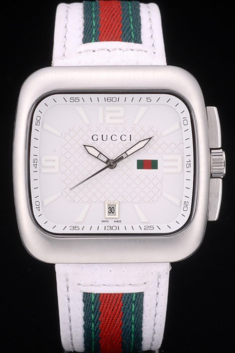 Gucci White Leather Strap Polished Stainless Steel Bezel White Dial 80218