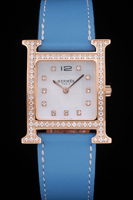Hermes Heure H Rose Gold Diamond Encrusted Bezel Blue Leather Strap White Dial 80238