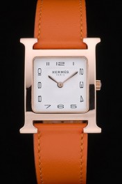 Hermes Heure H Rose Gold Bezel Orange Leather Strap White Dial 80234