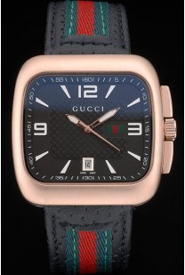 Gucci Black Leather Strap Rose Gold Bezel Black Dial 80222