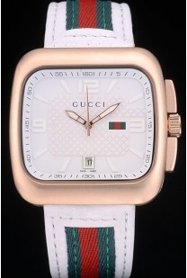 Gucci White Leather Strap Rose Gold Bezel White Dial 80223