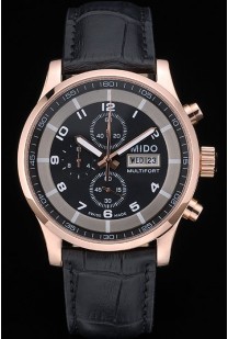 Mido Multifort Rose Gold Stainless Steel Bezel Black Croco Leather Bracelet Black Dial 80279