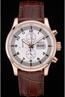 Mido Multifort Rose Gold Stainless Steel Bezel Brown Croco Leather Bracelet White Dial 80280
