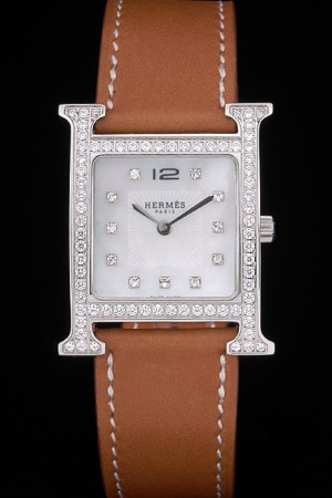 Hermes Heure H Stainless Steel Diamond Encrusted Bezel Tan Leather Strap White Dial 80232