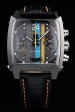 Tag Heuer Swiss Monaco Black Leather Strap Blue-Yellow Striped Black Dial